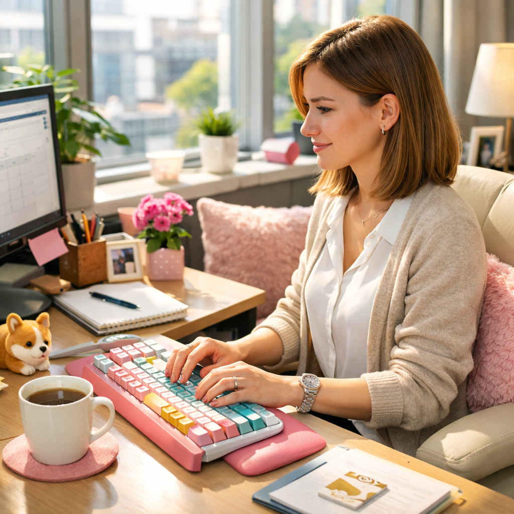 In a bright modern office an executive assistant diligently types away at her customized keyboard surrounded by an array of cozy comforts A steaming c-2