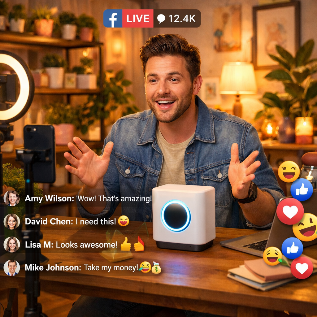 In a cozy home office a confident livestream agent passionately discusses their innovative product on Facebook Live The room is warmly lit filled with
