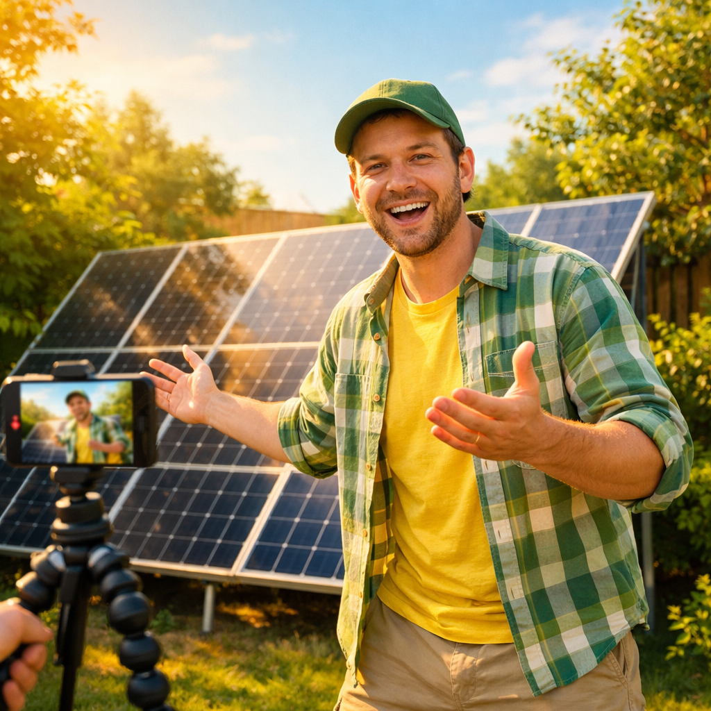In a sundrenched backyard an enthusiastic actor stands in front of a sleek solar panel installation capturing a dynamic usergenerated content video Th
