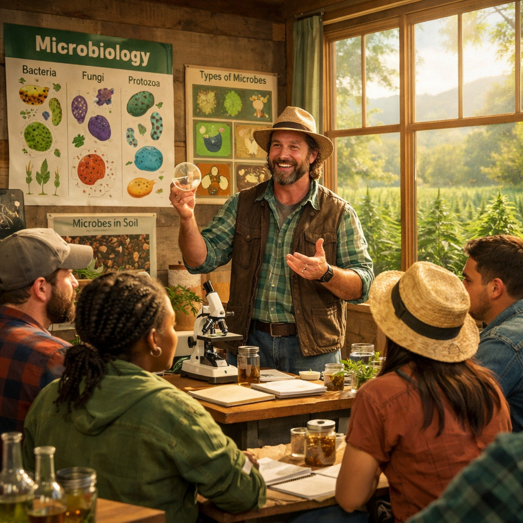 In a sunlit classroom nestled among the lush greenery of a California cannabis farm an enthusiastic instructor passionately teaches a diverse group of-1